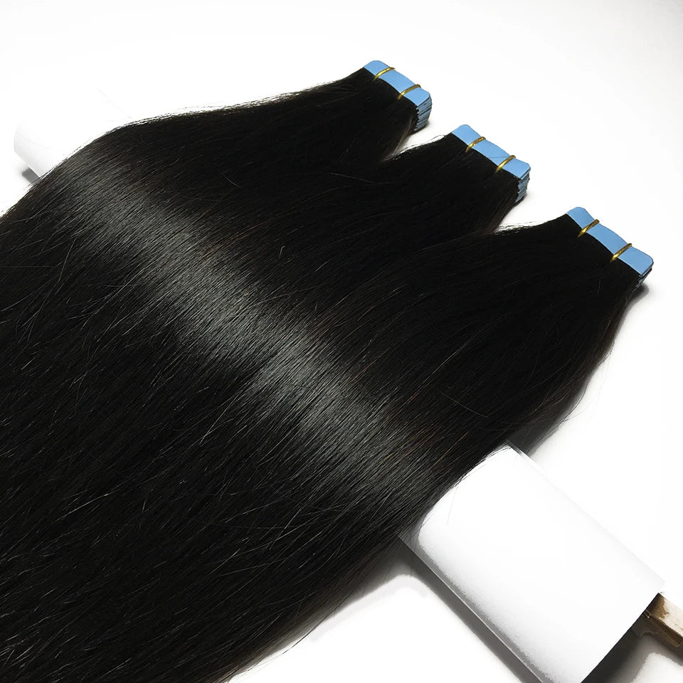 Bande dans les Extensions de cheveux humains droits Extensions adhésives de cheveux brésiliens trame de peau noir brun 100% vrais cheveux humains pour les femmes