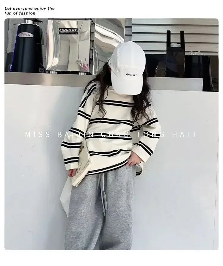 Ensemble de vêtements simples de Style coréen pour filles, 2 pièces, rayé à manches longues + pantalon ample, tenues pour adolescentes de 6 8 10 12 14 ans, 2025