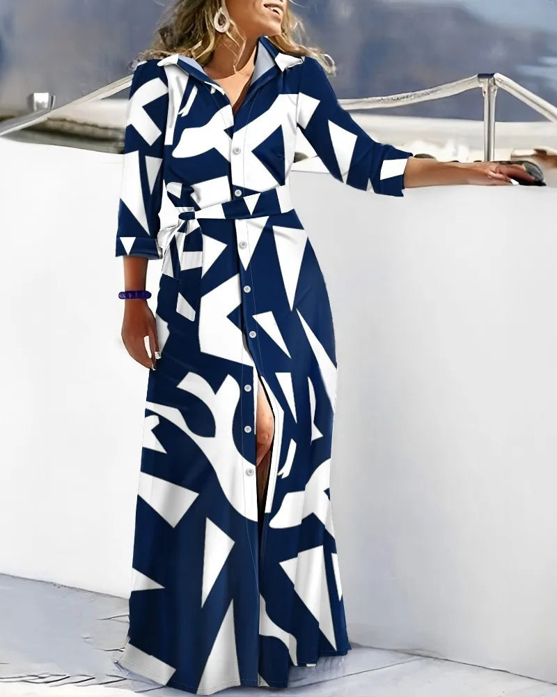 Robe chemise décontractée pour femmes, col en v, imprimé irrégulier, fente, mi-longue, mode d'été élégante, plage, vacances, vêtements féminins