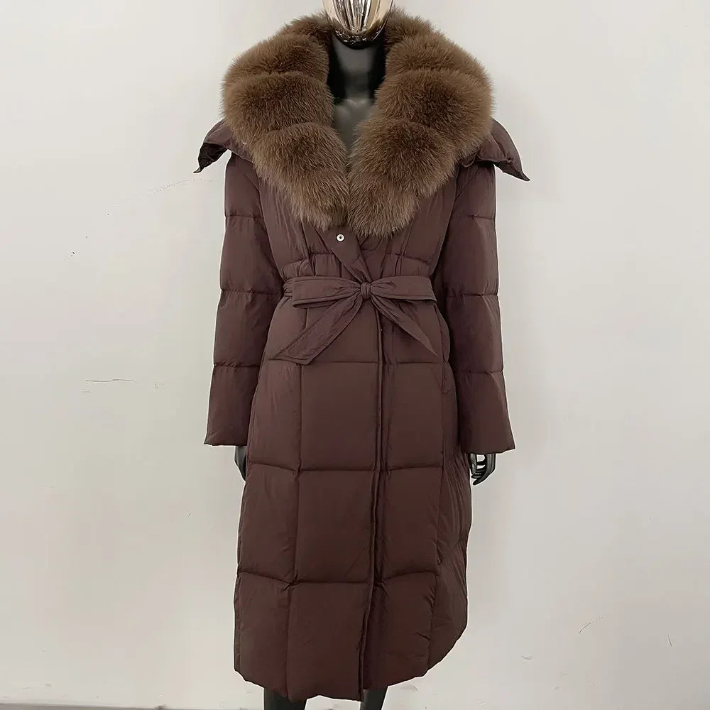 Veste d'hiver chaude et élégante pour femme, avec ceinture à capuche, simple boutonnage, col en vraie fourrure de renard, manteau épais et ample en duvet de canard blanc