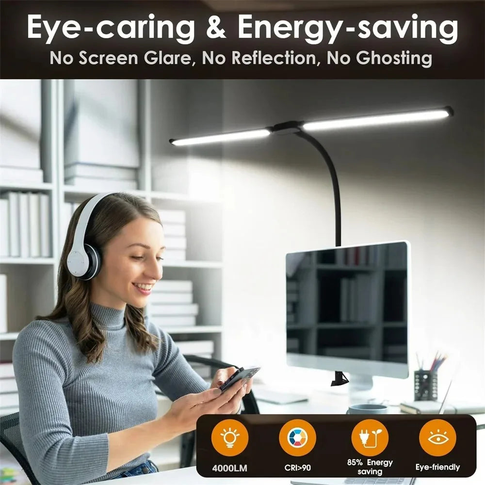 Lampe de bureau Led pour le bureau à domicile, lumière d'architecte de soins oculaires avec pince, lampe à pince de Table pour moniteur d'ordinateur à Double tête, pour la lecture
