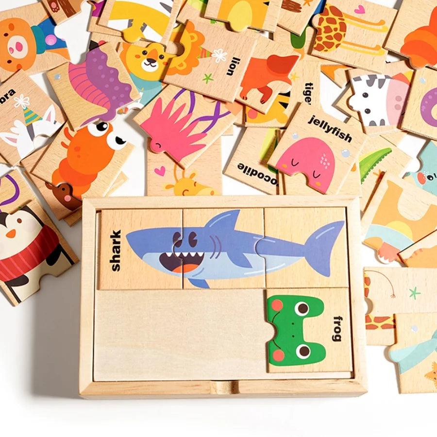 Puzzle assorti en forme d'animal de dessin animé pour enfants, planche de puzzle de cognition de mots anglais pour l'éducation précoce des bébés, jouet en bois
