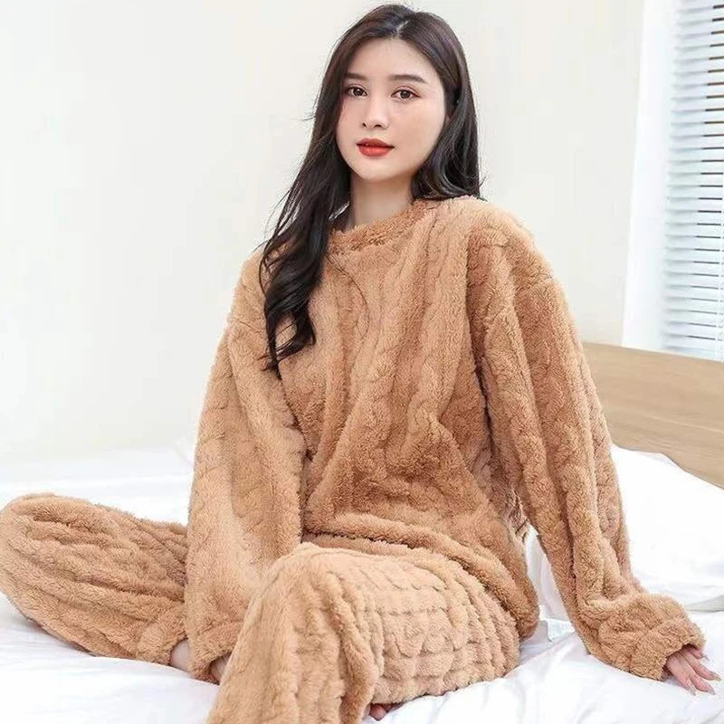 Women's warm, thick velvet pajama set, sweater and pants, bedding sets, warm, smiling, monochrome, casual, autumn, 2 pieces