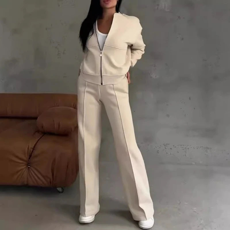 Women's two-piece casual set, solid color, sweatshirt, long sleeves, zip-up coat, long pants, pockets, elegant, autumn/winter 2025