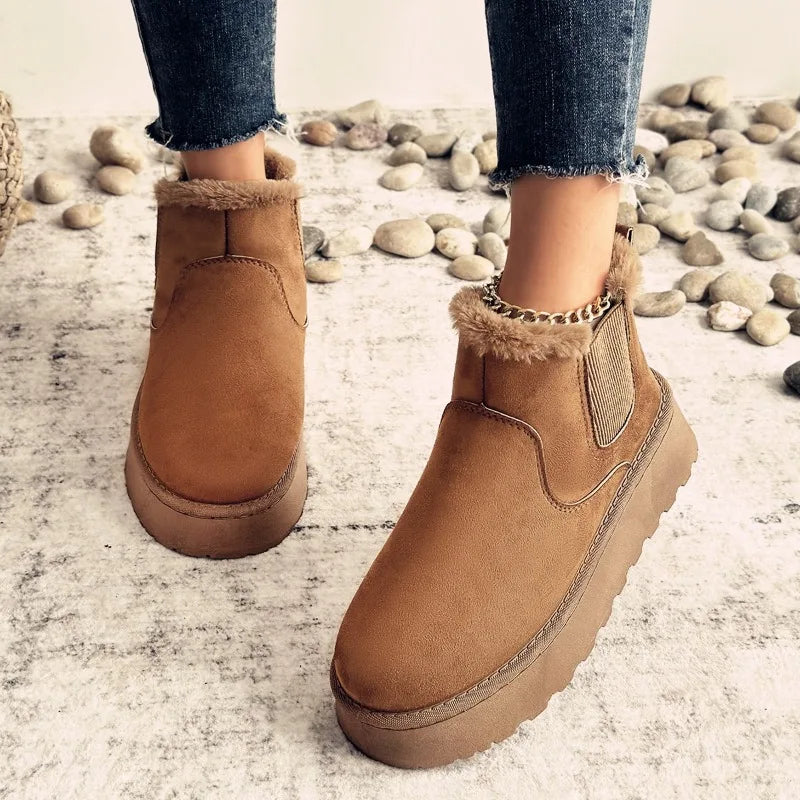 2025 Bottes de neige à enfiler à bout rond pour femmes pour un usage quotidien au bureau Bottes de neige décontractées antidérapantes à semelles épaisses Nouvelles bottines chaudes en daim