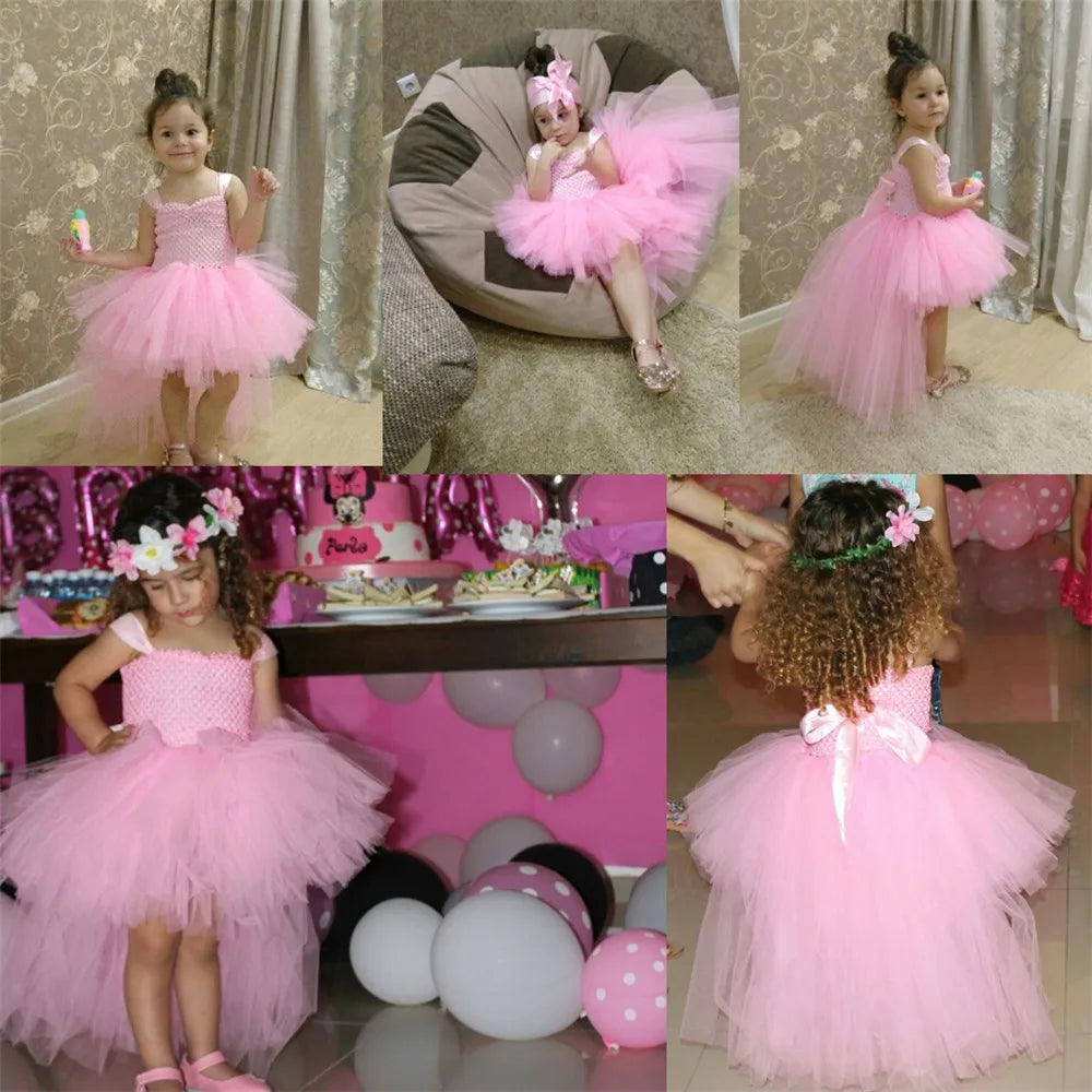 Girls Pink Black Tutu Dress V-Neck Train Girl Evening Birthday Party Tulle Dresses Girl Ball Gown Kids Halloween Costumes