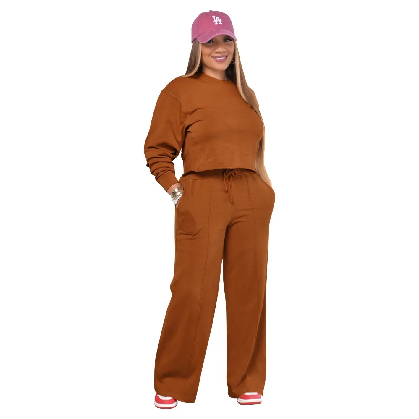 Ensemble de vêtements pour femmes, pull + pantalon, 2 pièces, costumes d'hiver épais et chauds, couleur unie, survêtement décontracté