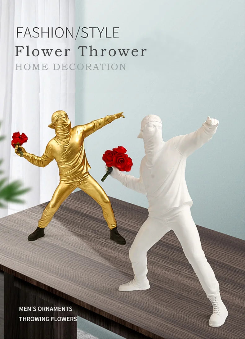 Statues en résine, Sculptures, lanceur de fleurs Banksy, bombardier, accessoires de décoration pour la maison, ornements modernes, Figurine de collection