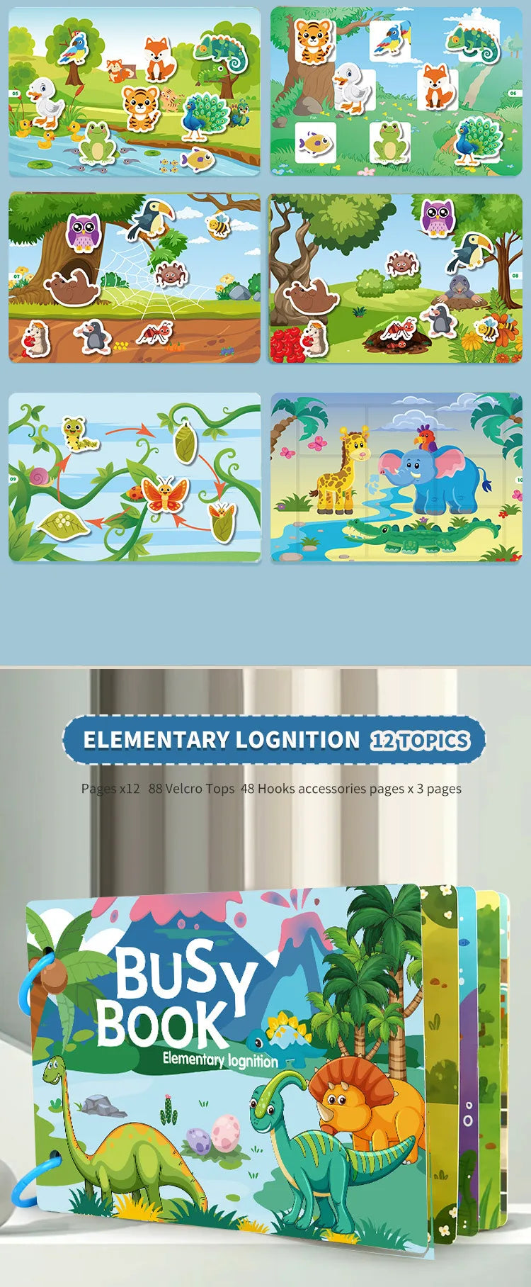 Livre occupé pour les tout-petits âgés de 2 à 6 ans, livre silencieux, activité d'apprentissage préscolaire, autocollant réutilisable et Velcro assorti Montessori Fine Mot