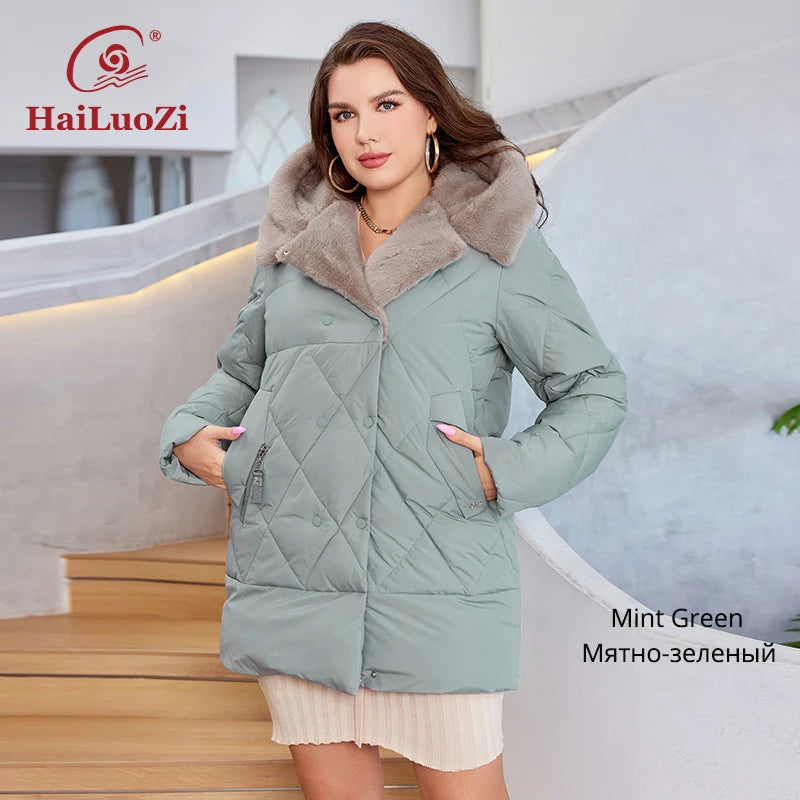 HaiLuoZi-Veste Courte à Capuche avec Fourrure pour Femme, Vêtement d'Hiver de Grande Taille, Design de Matelassage Indépendant, Grandes Poches, Combiné 2023, Nouvelle Collection 1163