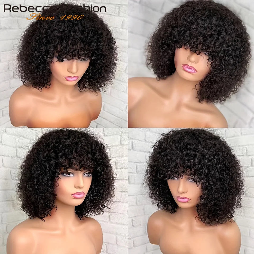 Perruques de cheveux humains Pixie Cut Bob avec frange pour femme, perruque pleine machine bouclée, surbrillance, couleur blond miel, court, caution
