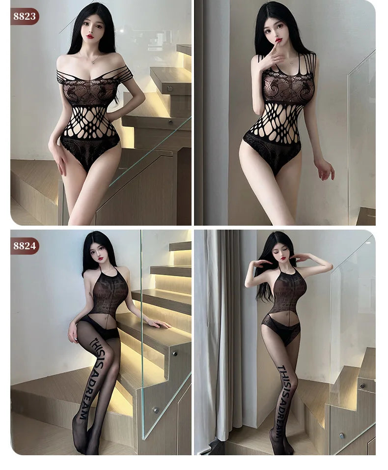 Body Sexy à entrejambe ouvert pour femmes, 24 Styles, bas de corps en maille résille érotique, porno ajouré, Teddy, Lingerie sans entrejambe