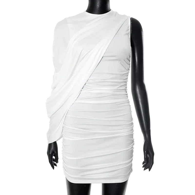 Joskaa – Mini robe plissée élégante, col rond, asymétrique, manches simples, façonnant le corps, pour femmes, vêtements de club de fête de vacances d'été, 2025