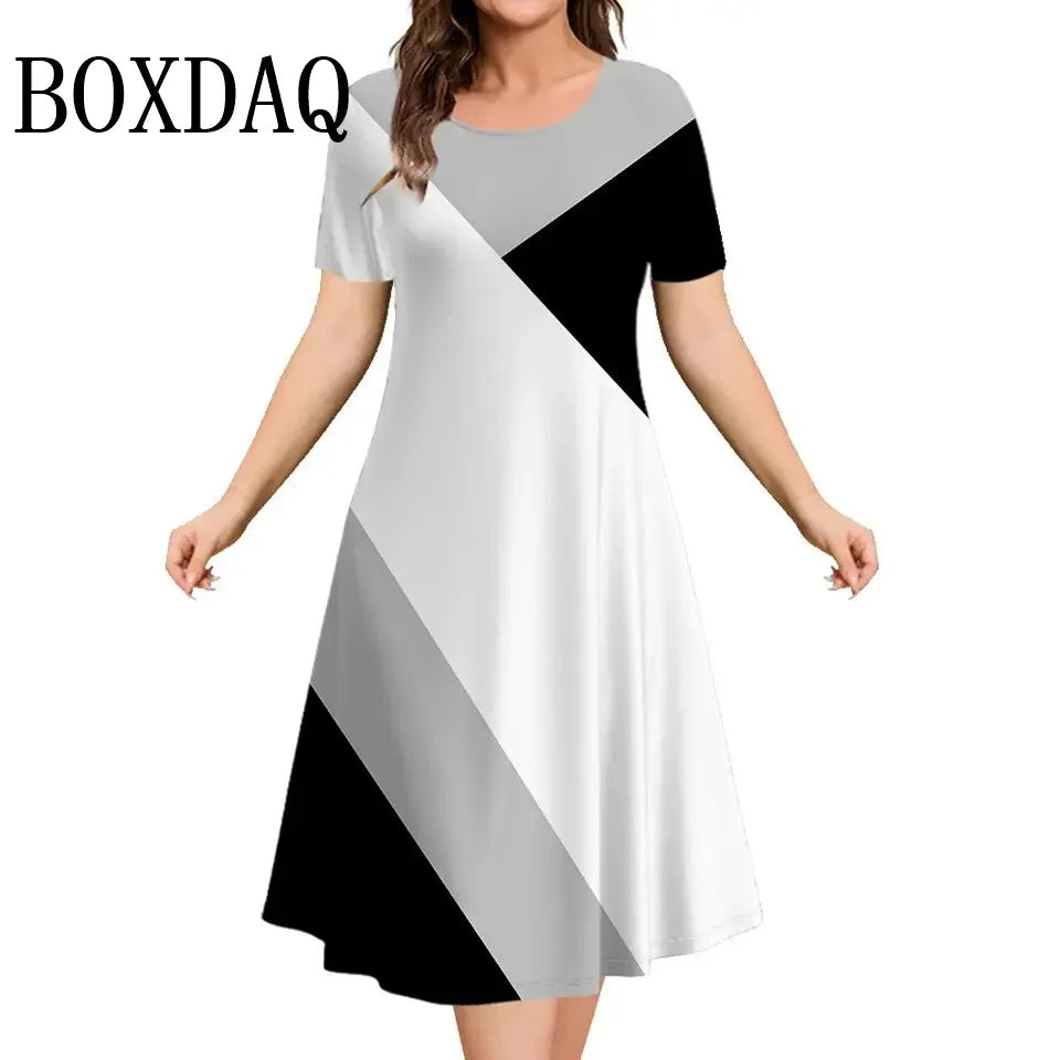 Robes pour femmes couleurs contrastées rayé élégant décontracté col rond manches courtes robes de mode été femmes grande taille vêtements 9XL