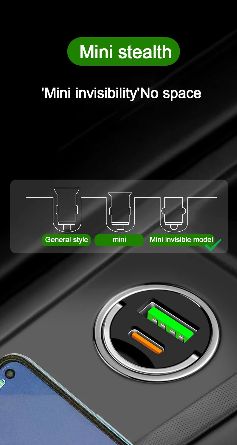 Smart car charger with mini rib ring, USB + PD port, GNE charger, PD30W