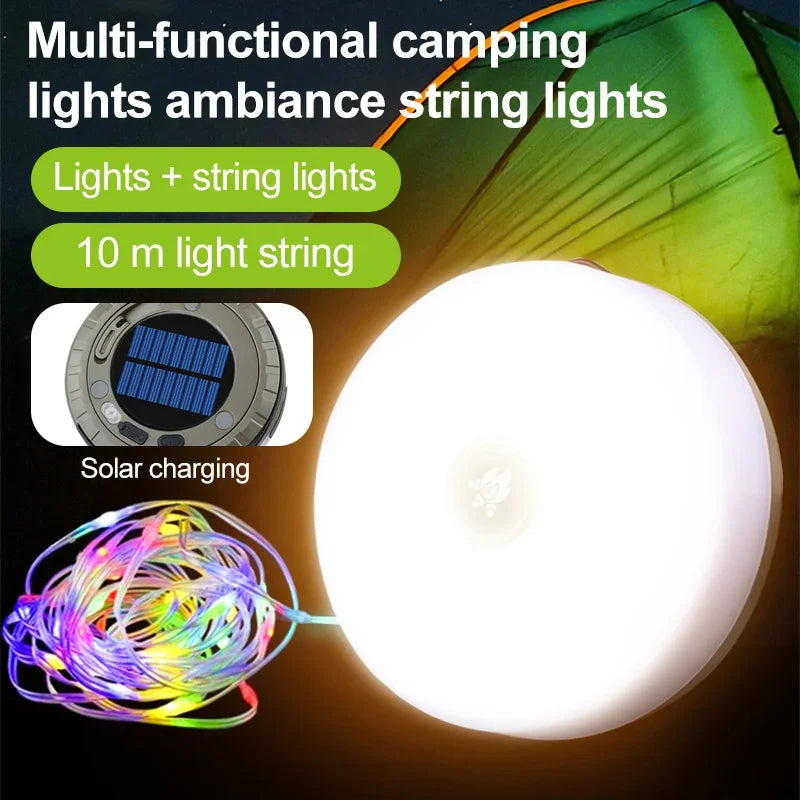 Guirxiété Solar Light for Outdoor Camping, LED Flashlight with Hook, Tent Light, RGB Lights, Stopovers, 10m