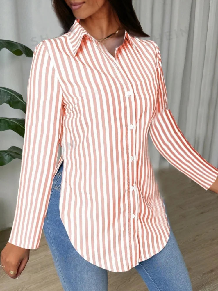 Chemise à manches longues rayée boutonnée pour femme avec col classique et ourlet incurvé - Hauts décontractés pour le bureau