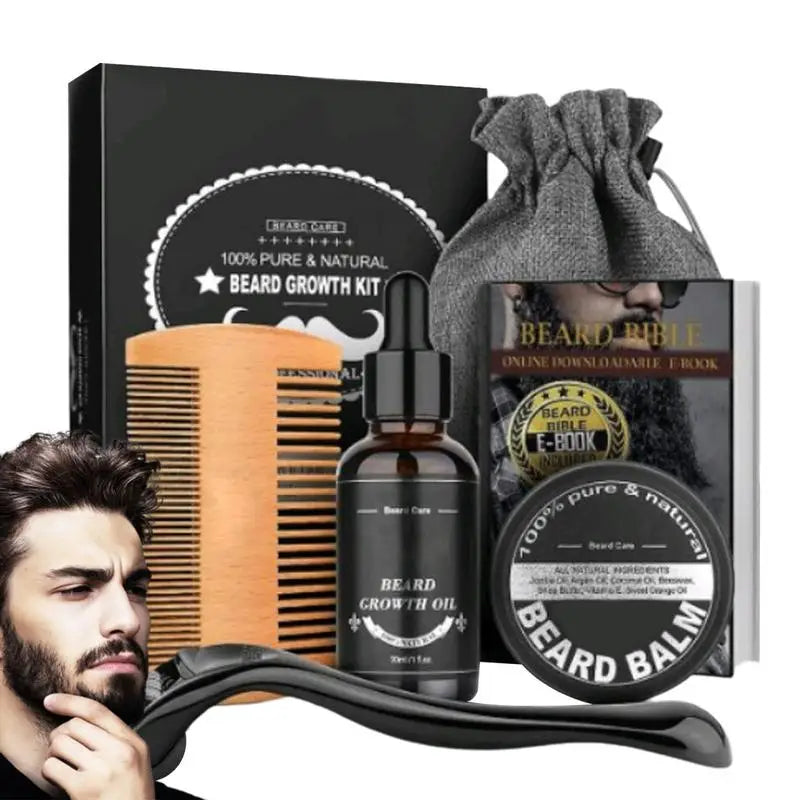 Kit de Croissance de Barbe pour Homme, Rehausseur de Cheveux, Huile Essentielle, Soin de la Barbe, Après-Shampoing, Peigne Double Face, Crème, 5 Pièces