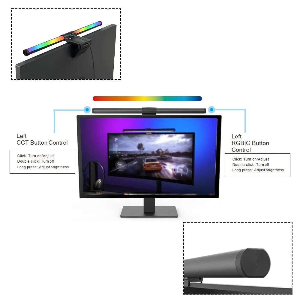 Barre lumineuse d'écran de moniteur de lampe de bureau à LED, escales informatiques RVB, lumières double face pour le travail, l'étude, la lecture, le jeu, l'éclairage de gradation