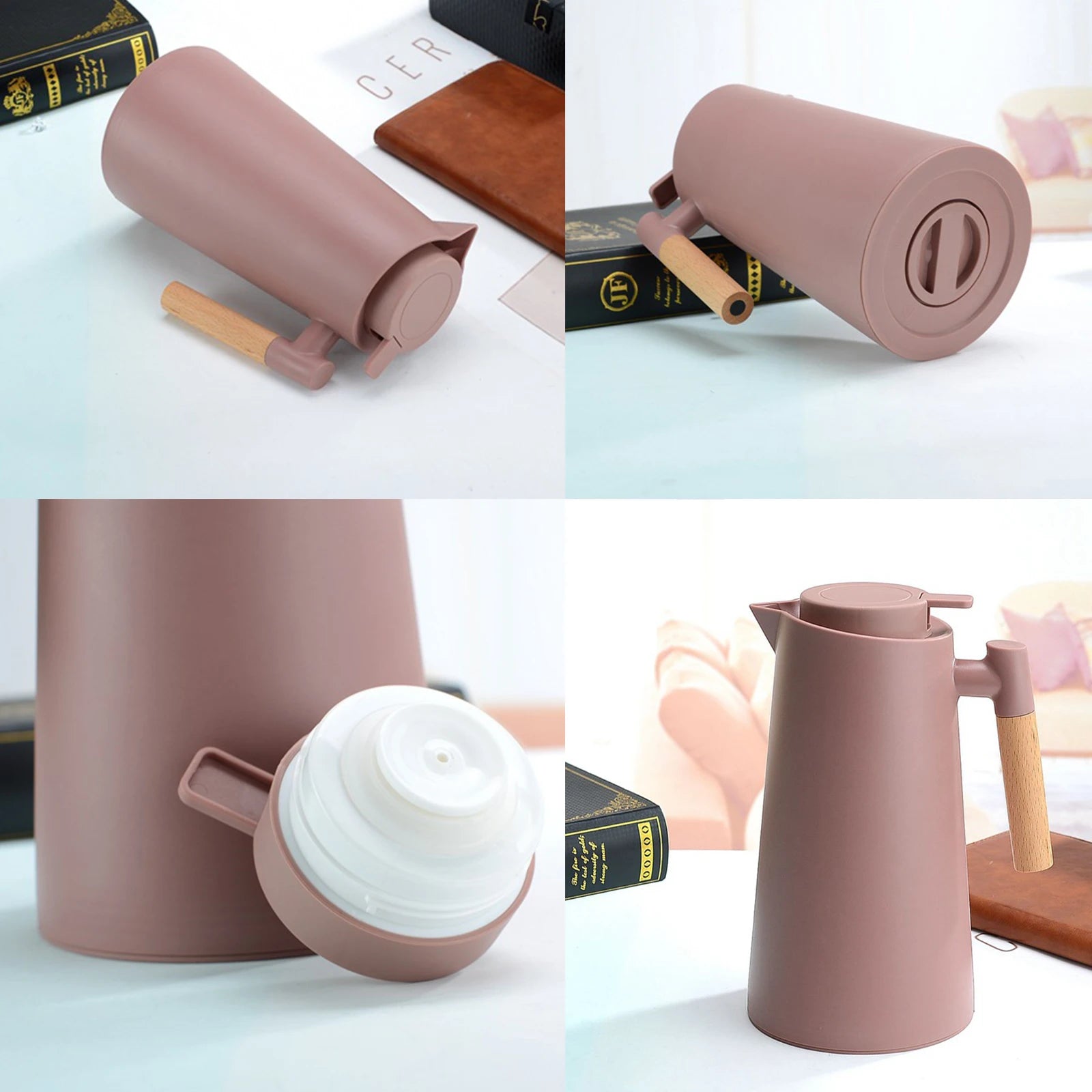 Carafe à café thermique sous vide à double paroi, pot thermos avec poignée en bois, bouilloire isolée, garde au chaud et au froid, 1L
