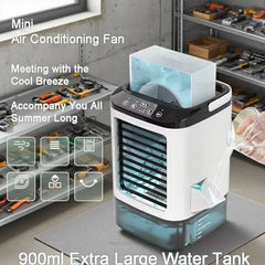 Mini portable desktop air cooler fan, quiet operation, equipped with a spray humidifier, ideal for cooling and hydrating, for the office and home.