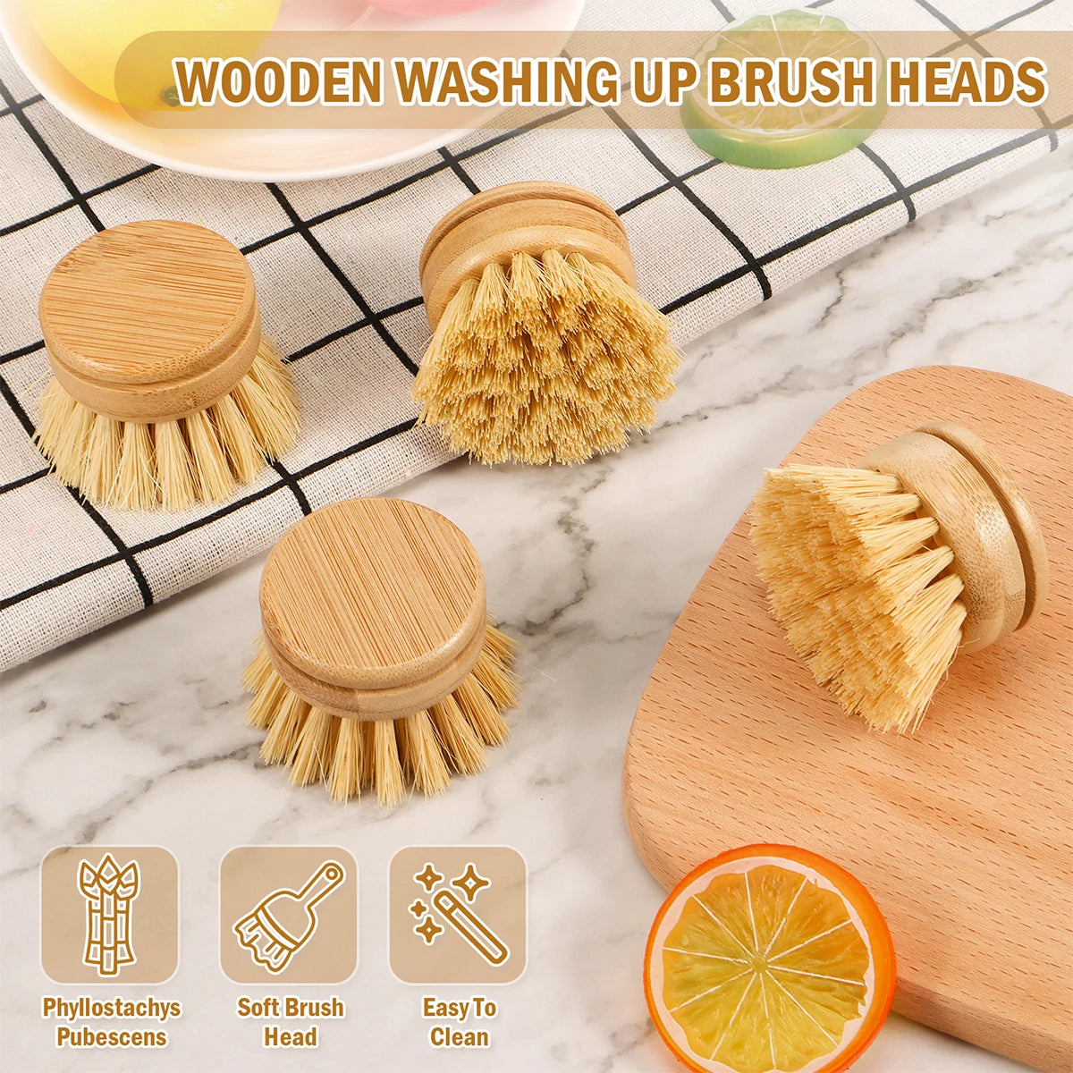 Brosse à vaisselle de cuisine en bambou naturel, outil de nettoyage de cuisine, tête de brosse respectueuse de l'environnement pour laver les casseroles et les cuisinières