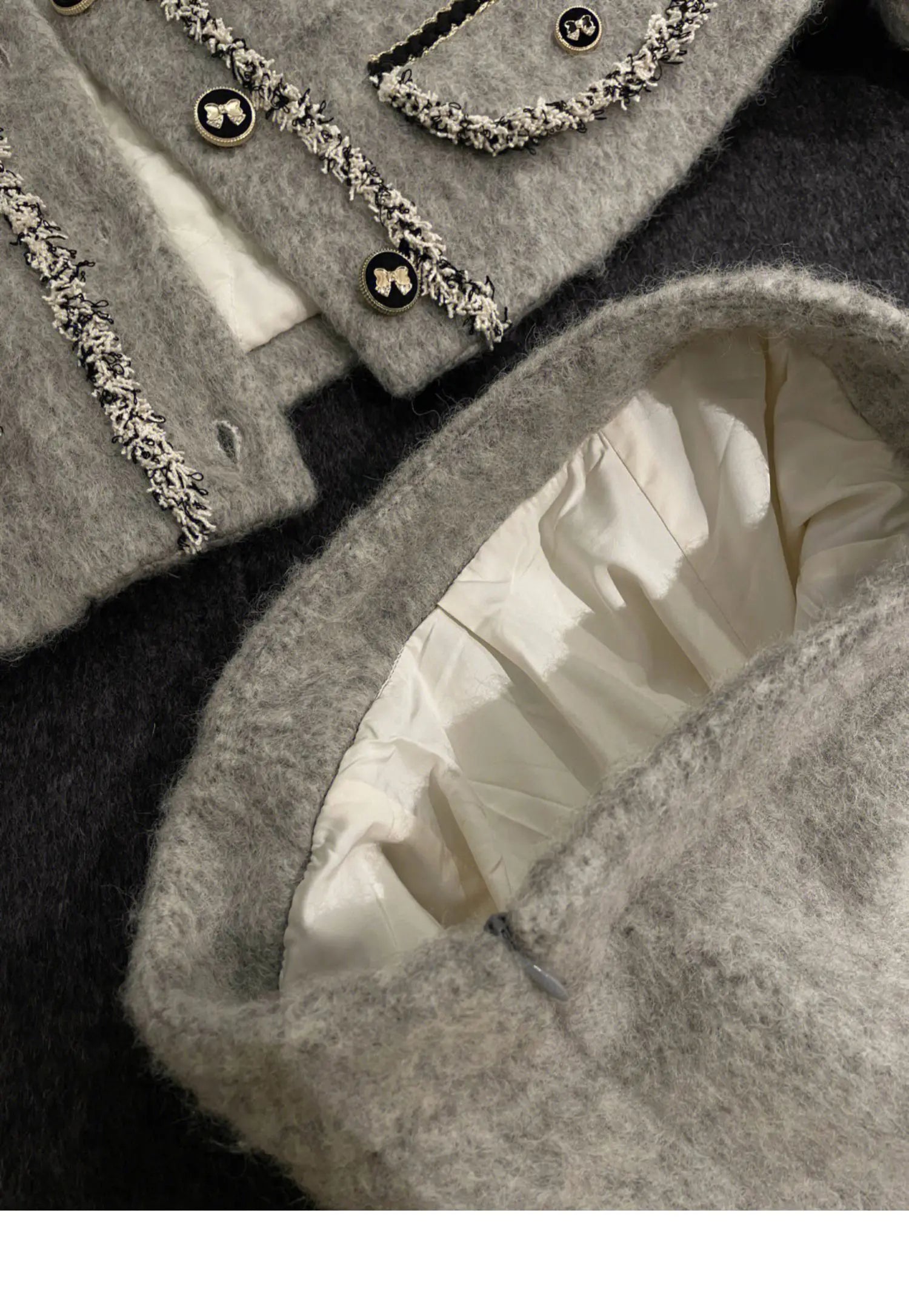 Manteaux matelassés épais mélanges veste en laine grise haut court hiver Vintage mince une ligne jupes femmes deux pièces ensembles costume à nœud Y2k