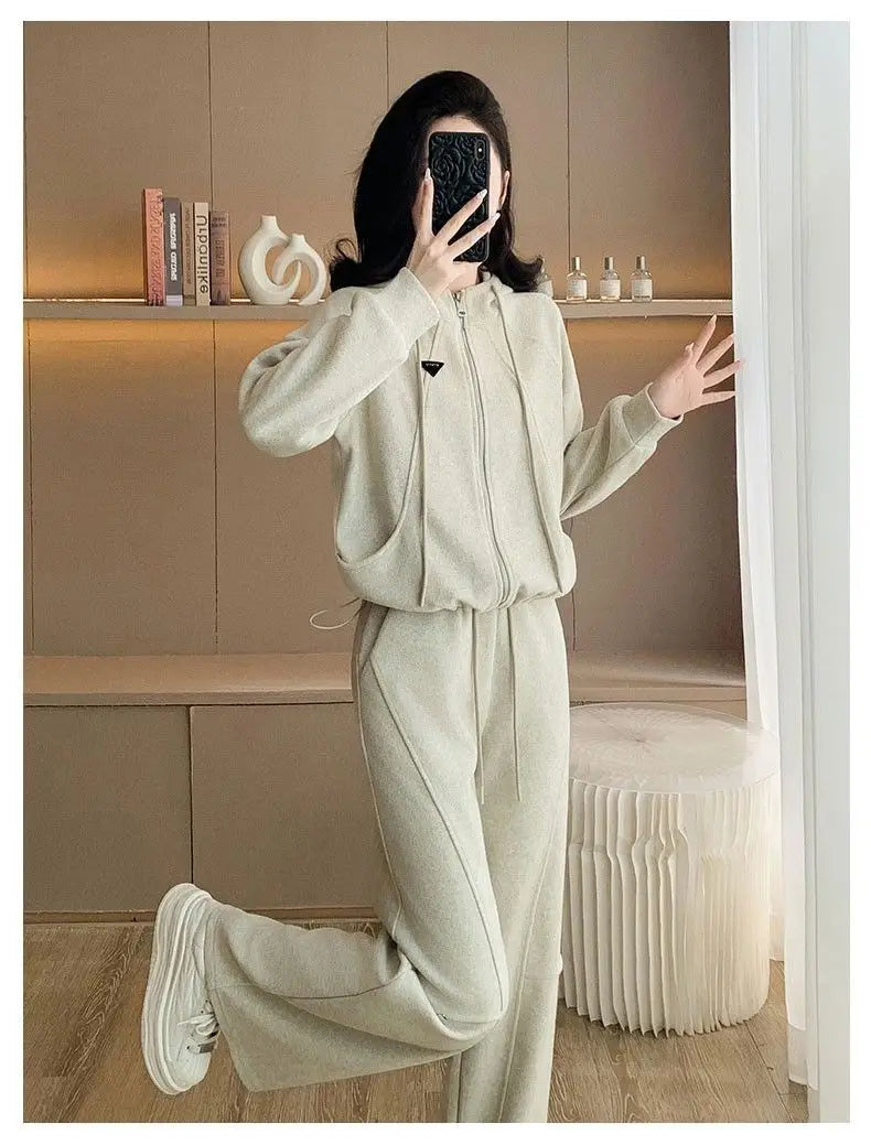 Fashionable slimming hooded set for women, two-piece Korean style set, trendy, youthful look, casual outfit, new autumn/winter collection