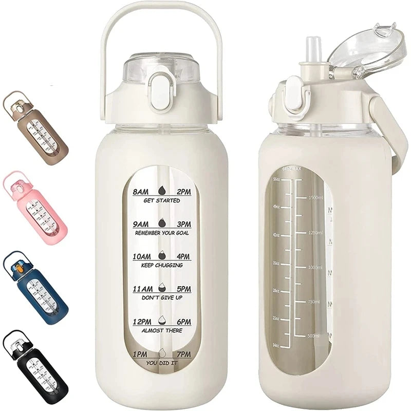 Bouteilles d'eau en verre de 1000ML avec paille, bouteille en verre avec manchon en Silicone et marqueur de temps, pour salle de sport, Camping, maison et bureau