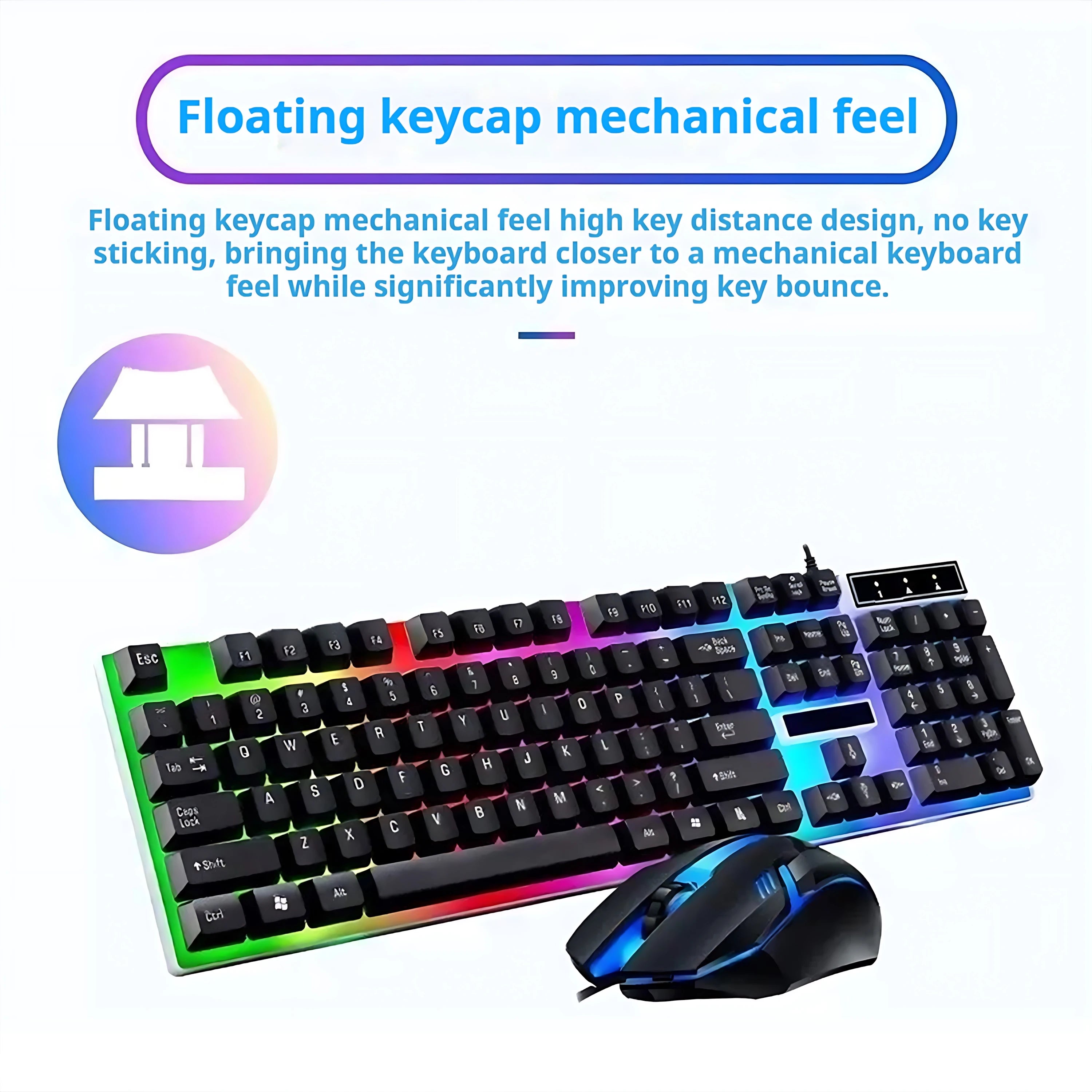 Clavier et souris filaires rétroéclairés arc-en-ciel, capuchons de touches flottants, clavier solide, résistant à l'usure et au toucher confortable pour le bureau d'affaires