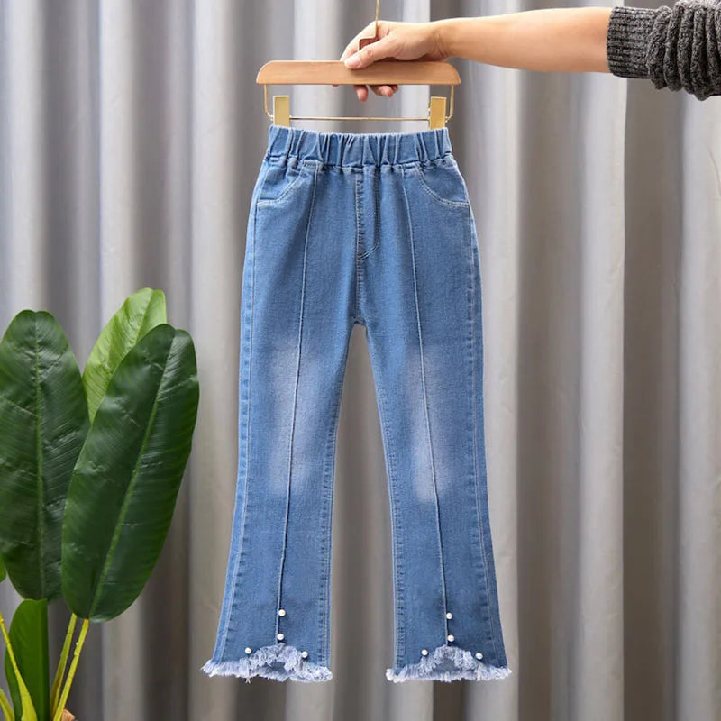 Beaded lace jeans for teenage girls, denim pants for girls, monochrome waistband pants for children, casual bell-bottoms, new fashion