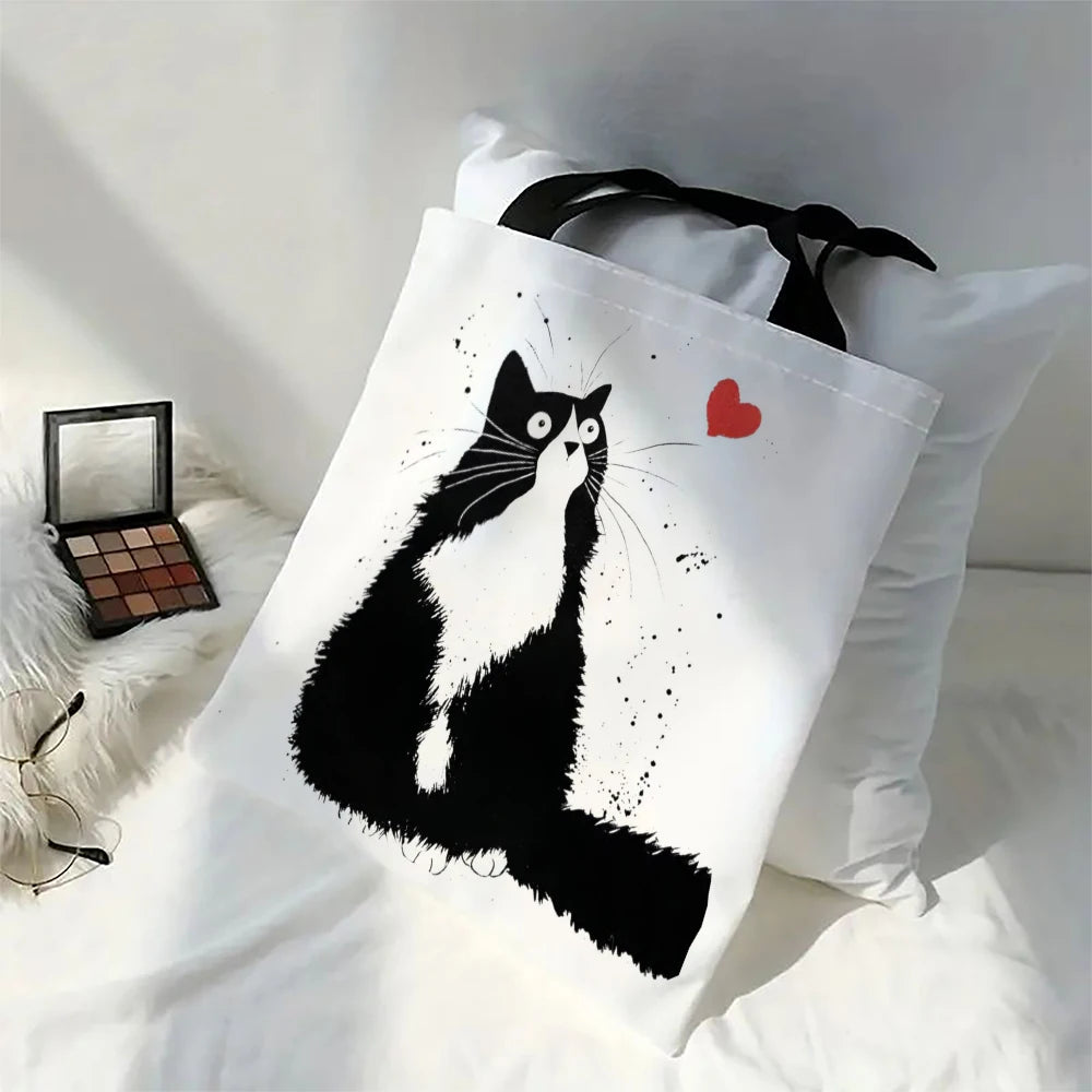 Fourre-tout réutilisable en lin imprimé chats mignons, sac de rangement d'épicerie, sac à bandoulière Portable de grande capacité, fourre-tout lavable en Machine