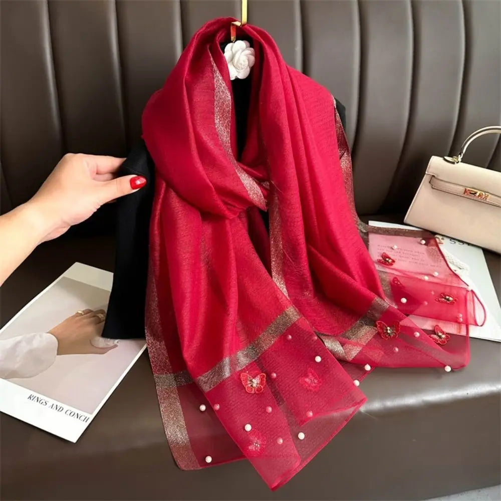 Grand Foulard Fin et Élégant avec Broderie Papillon, Châle Hijab de Luxe pour Femme