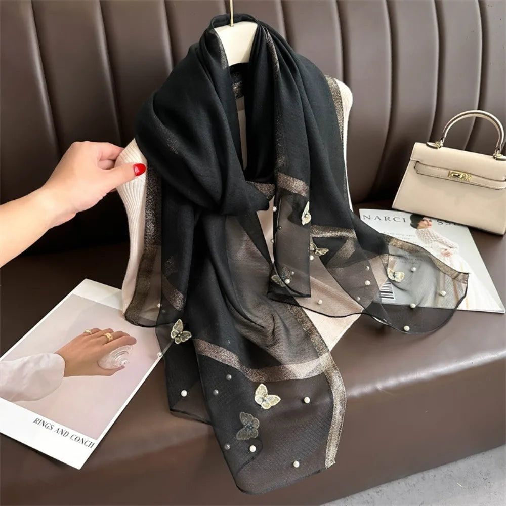 Grand Foulard Fin et Élégant avec Broderie Papillon, Châle Hijab de Luxe pour Femme