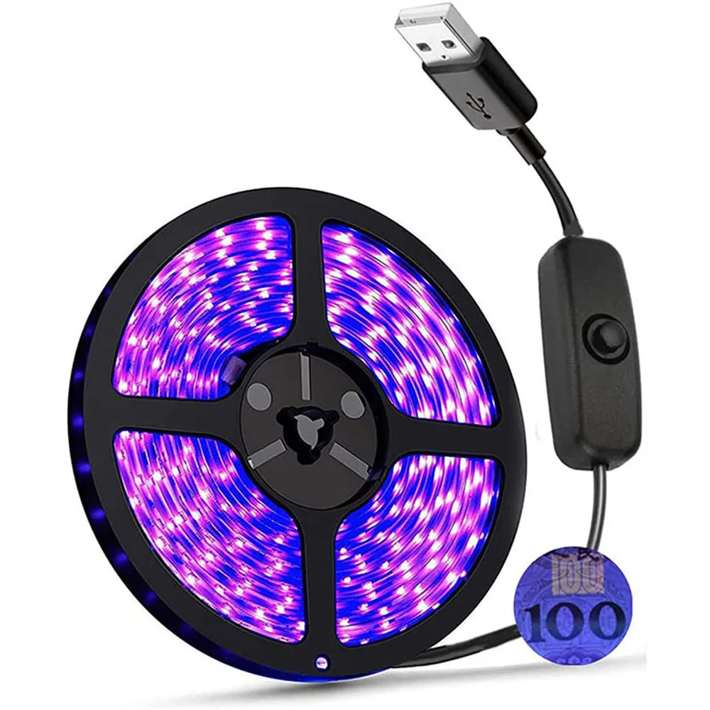 Bande lumineuse UV Led 5V UVA, 395-405nm, SMD2835, rayons ultraviolets, ruban de Diode violet, lampe USB avec interrupteur 60LED s/m