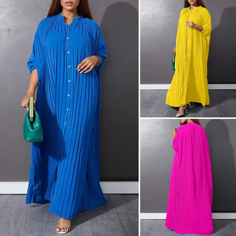 Women's Eid Muslim Dresses High Neck Single Breasted Dubai Arabic Dresses Ramadan Casual Loose Caftan Solid Pleated Dress