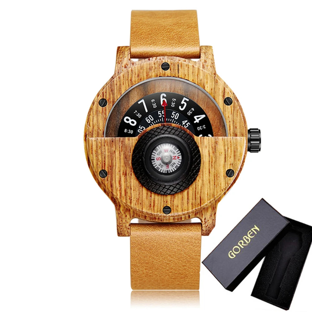 Montre en bois naturel pour hommes, Table rotative, cadran boussole, véritable bois de noyer, ébène, bambou, Concept marron, montre à Quartz