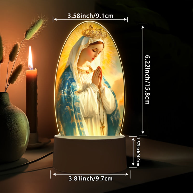 1pc Virgin Mary LED Night Light, Acrylic Round Decorative Lamp with Prayer Theme, USB Powered Desktop Lighting, Christian Religious Character Design, Ideal for Holiday Gifts and Hotel Decor