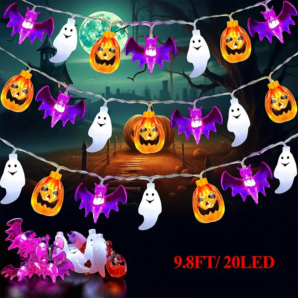 20/50 LED 3D Pumpkin Bat Ghost Waterproof String Lights - 9.8FT/16.4FT Battery Operated With Timer, 8 Lighting Modes, Cute Fairy Light For Window Indoor Outdoor Decor Halloween Party Decorations