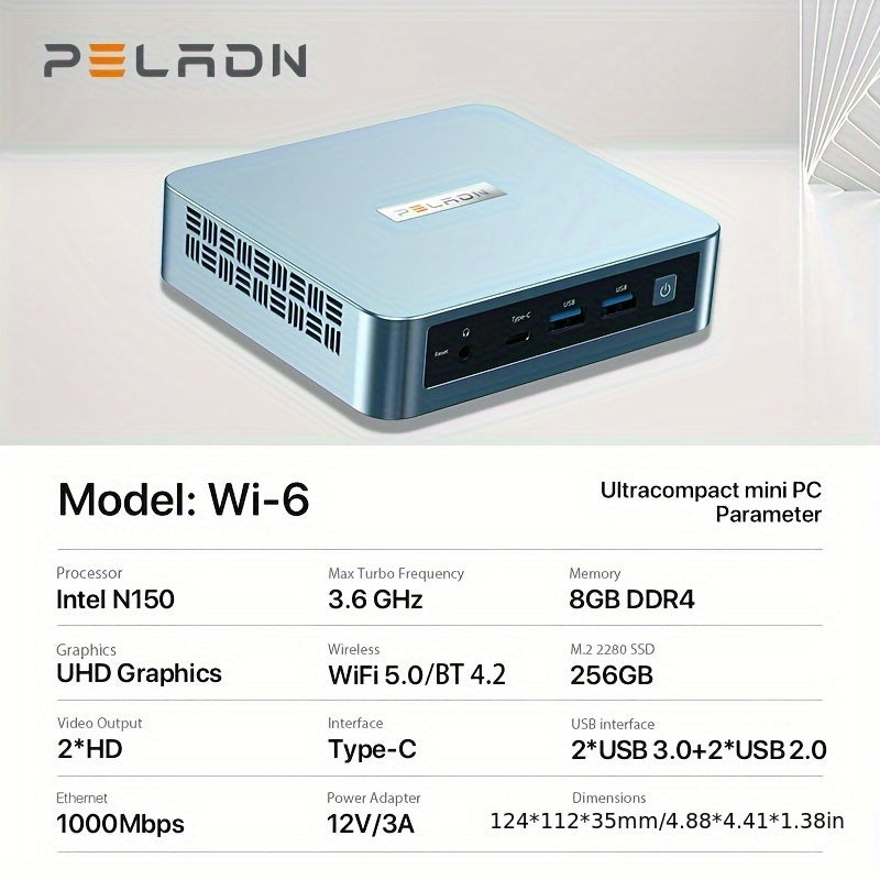 PELADN Mini PC, WI-6 Mini Computer with Intel N150/N100/N95 Processor (Up to 3.4GHz), 16GB DDR4 RAM, 512GB M.2 SSD, 4K@60Hz/WiFi5/BT4.2/Type-C/Dual Display, Desktop Workstation