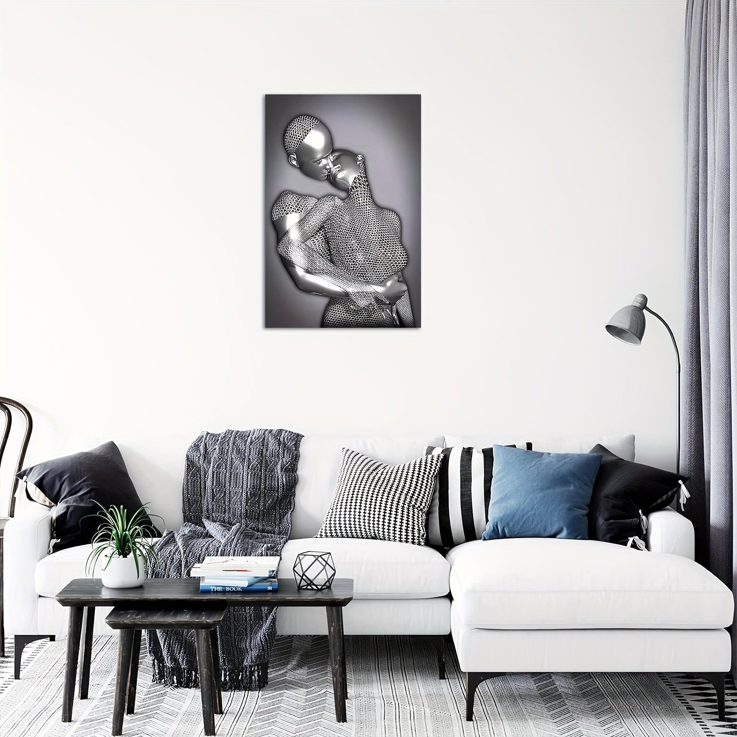 Romantic Couple Embrace Abstract Metal Sculpture Wall Art - Frameless Grey & Black Canvas Print For Bedroom, Living Room, Bathroom Decor - Perfect Valentine'S Day Gift, 12X18 Inches