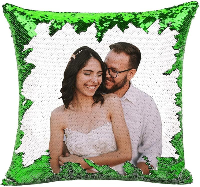 1pc Romantic Couple Photo Pillow Cover - Magical Reversible Home Decor Gift, 18.0inch x 18.0inch Anniversary Decoration Pillowcase, Peach Fleece Material with Simulated Sequin Design (No Sequins, Glitter Effect is Design)