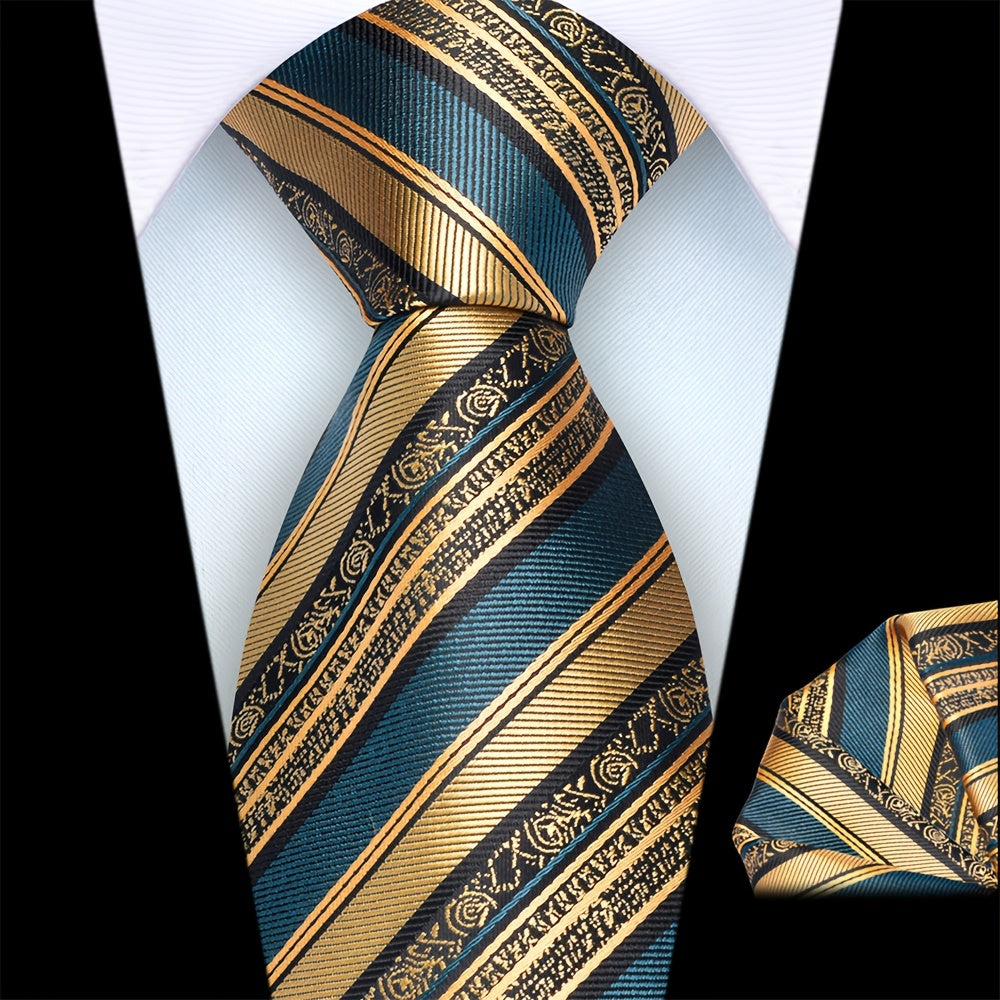 Ricnais Set of 2 Men's 8cm Striped Tie and Square Scarf High Quality Classic Fashion Wedding Party Business Tie Set Men's Wedding Accessories Home Gift Christmas Gift Party Gift