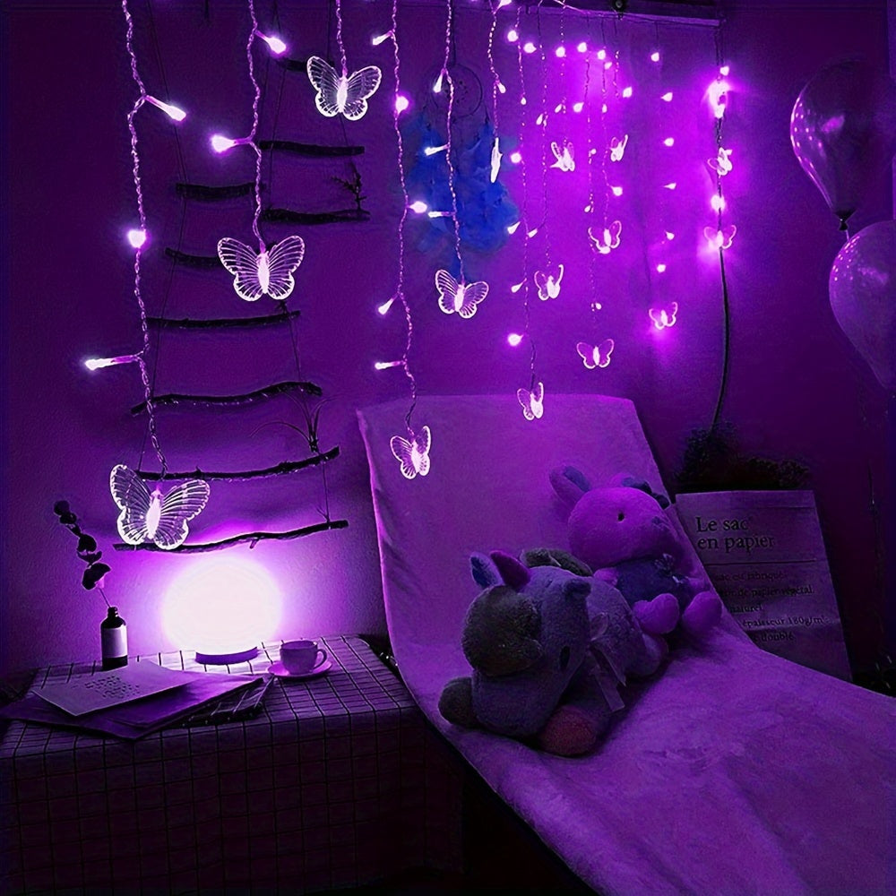 1pcs LED Christmas Light, LED Decorative Fairy String Light, 21.3ft/6.5m Butterfly Curtain Light, 8 Modes Twinkle String Light, Remote+ USB Powered Window Fairy Light, Holiday Wedding Party Bedroom Patio Decorative Light
