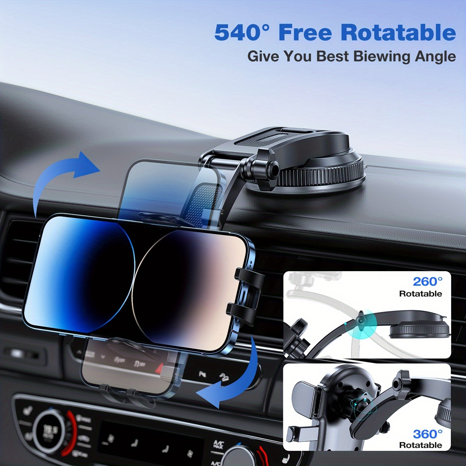 SOLIGU Universal Car Phone Holder - 360° Rotatable Mobile Phone Mount Cradle with Suction Cup, Fit for iPhone, Android and All Phones, Easy Adjustable and Secure Phone Mounting