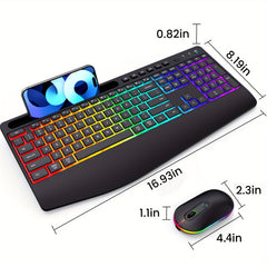 Wireless Keyboard And Mouse RGB Backlit- 2.4G Rechargeable Keyboard Full-Size with Phone/Tablet Holder, Silent Ergonomic Wireless Keyboard Mouse Combo for Computer, PC, Laptop for New Year Gift