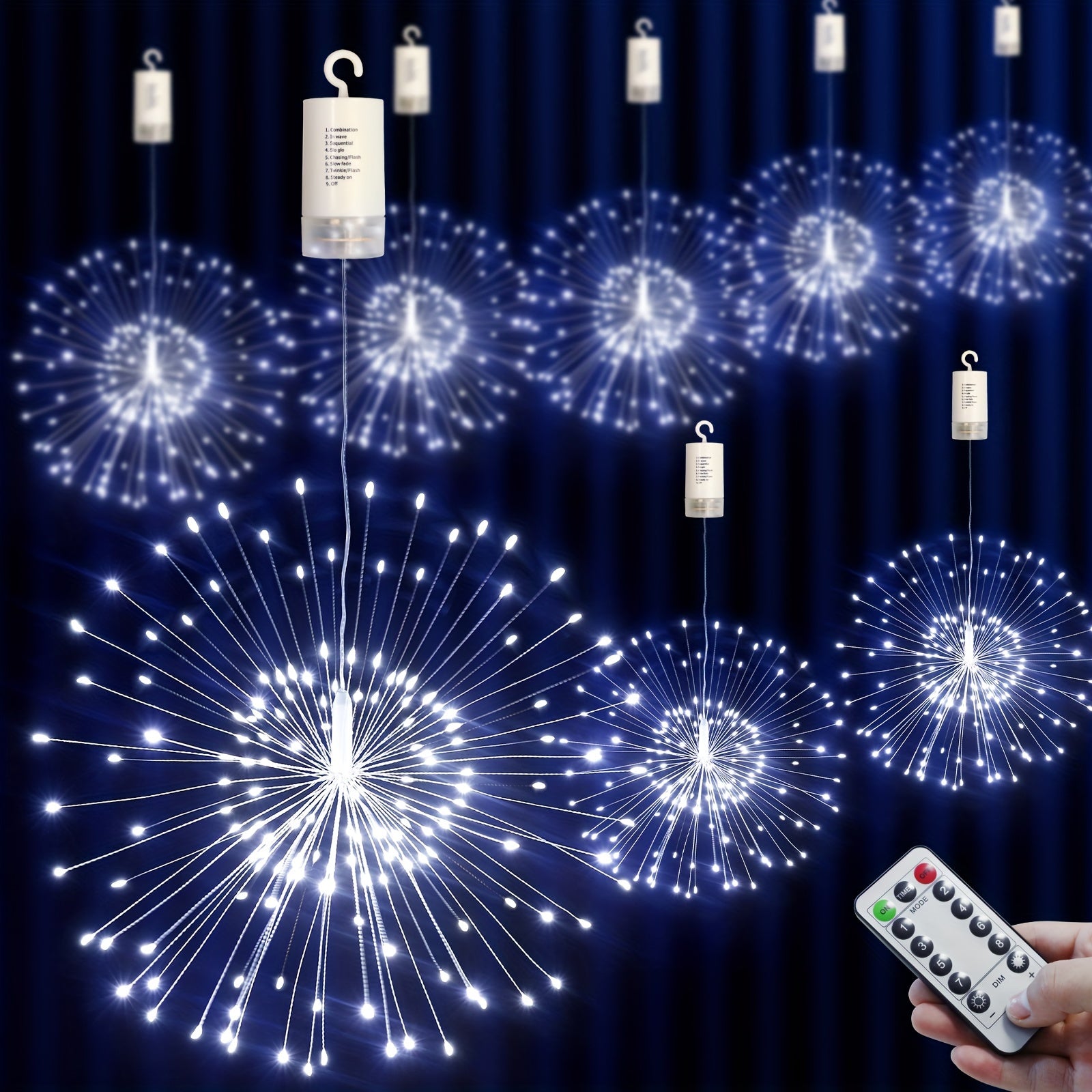4 Pack Starburst Sphere Lights 800 LED Firework Lights, 8 Modes Dimmable Remote Control Waterproof Hanging Fairy Light, Copper Wire Lights for Patio Parties Christmas
 (Battery Operated)