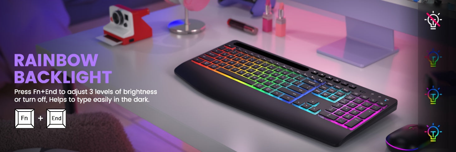 Wireless Keyboard and Mouse RGB Backlit- 2.4G Rechargeable Keyboard Full-Size with Phone/Tablet Holder, Silent Ergonomic Wireless Keyboard Mouse Combo for Computer, PC, Laptop