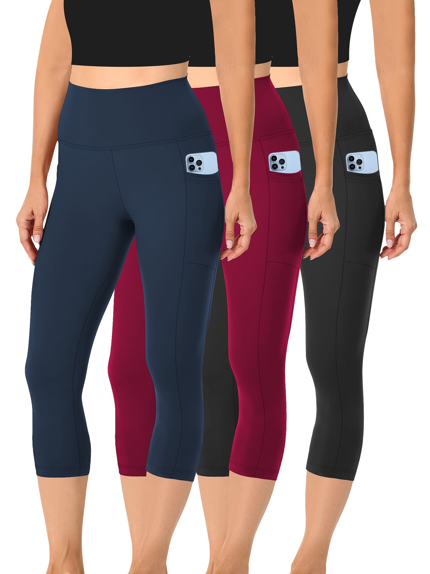 3pcs Set, Standard Size High Waist 7-point Women's Pants with Practical Side Pockets, High Elastic Body Shaping Leggings, Super Soft Tummy-controlling, Non-see-through Shorts.