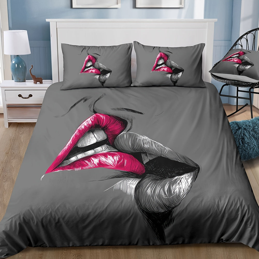 3-Piece Romantic Couple Bedding Set - Vibrant Kiss Sketch Crimson Lips Design, Soft Brushed Microfiber Fabric, Hypoallergenic, Breathable, Easy Care - 1 Duvet Cover + 2 Pillowcases, No Pillow Core Included